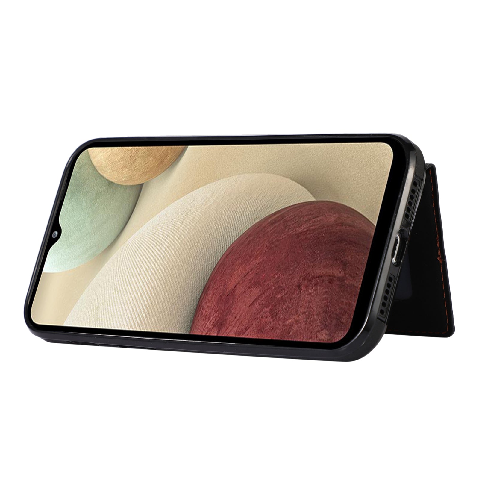 For Samsung Galaxy A12 Case Imprinted Phone Cover Card Holder TPU+PU Leather Shell - Black