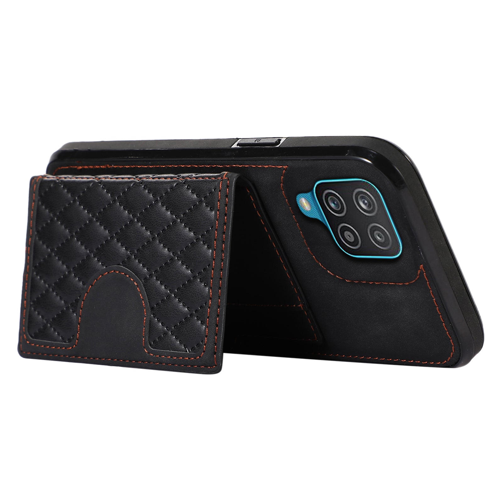 For Samsung Galaxy A12 Case Imprinted Phone Cover Card Holder TPU+PU Leather Shell - Black