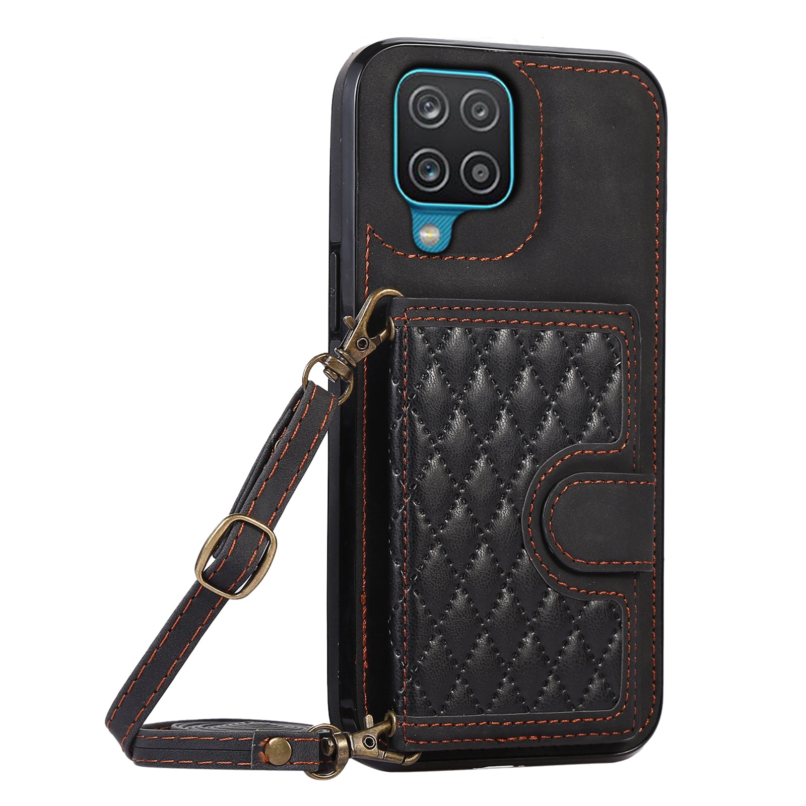 For Samsung Galaxy A12 Case Imprinted Phone Cover Card Holder TPU+PU Leather Shell - Black