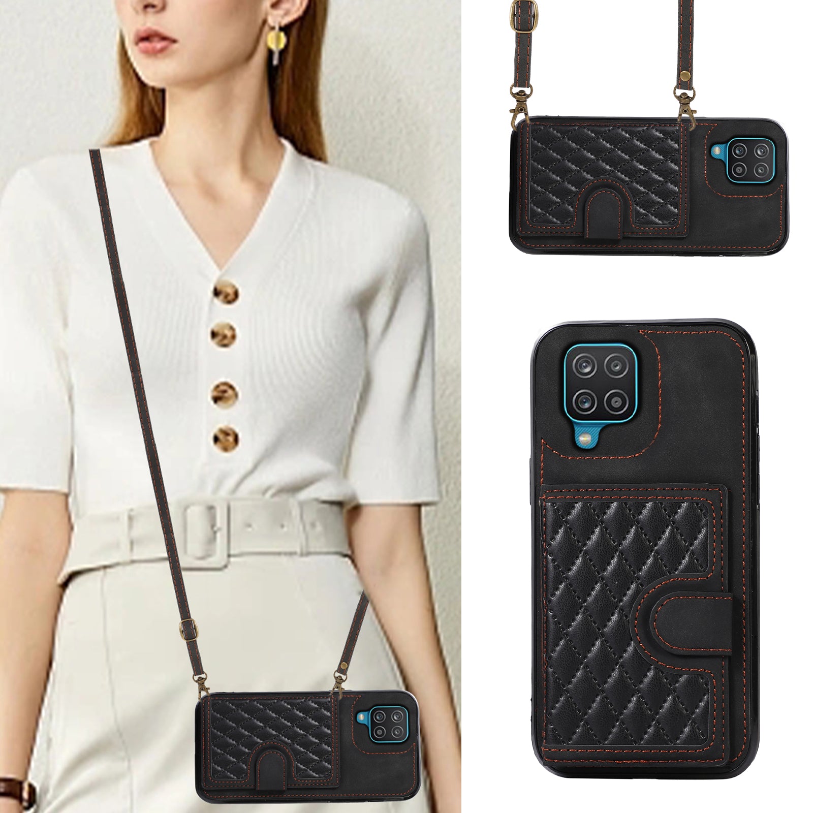 For Samsung Galaxy A12 Case Imprinted Phone Cover Card Holder TPU+PU Leather Shell - Black