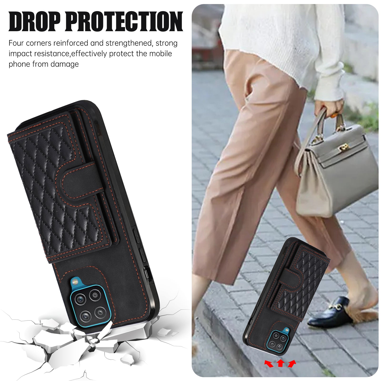 For Samsung Galaxy A12 Case Imprinted Phone Cover Card Holder TPU+PU Leather Shell - Black