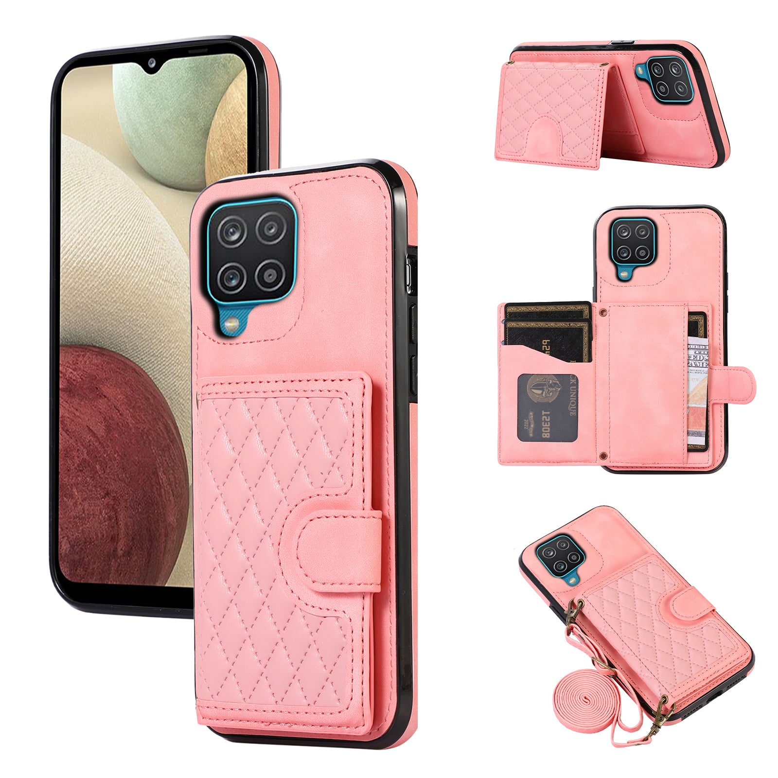 For Samsung Galaxy A12 Case Imprinted Phone Cover Card Holder TPU+PU Leather Shell - Black