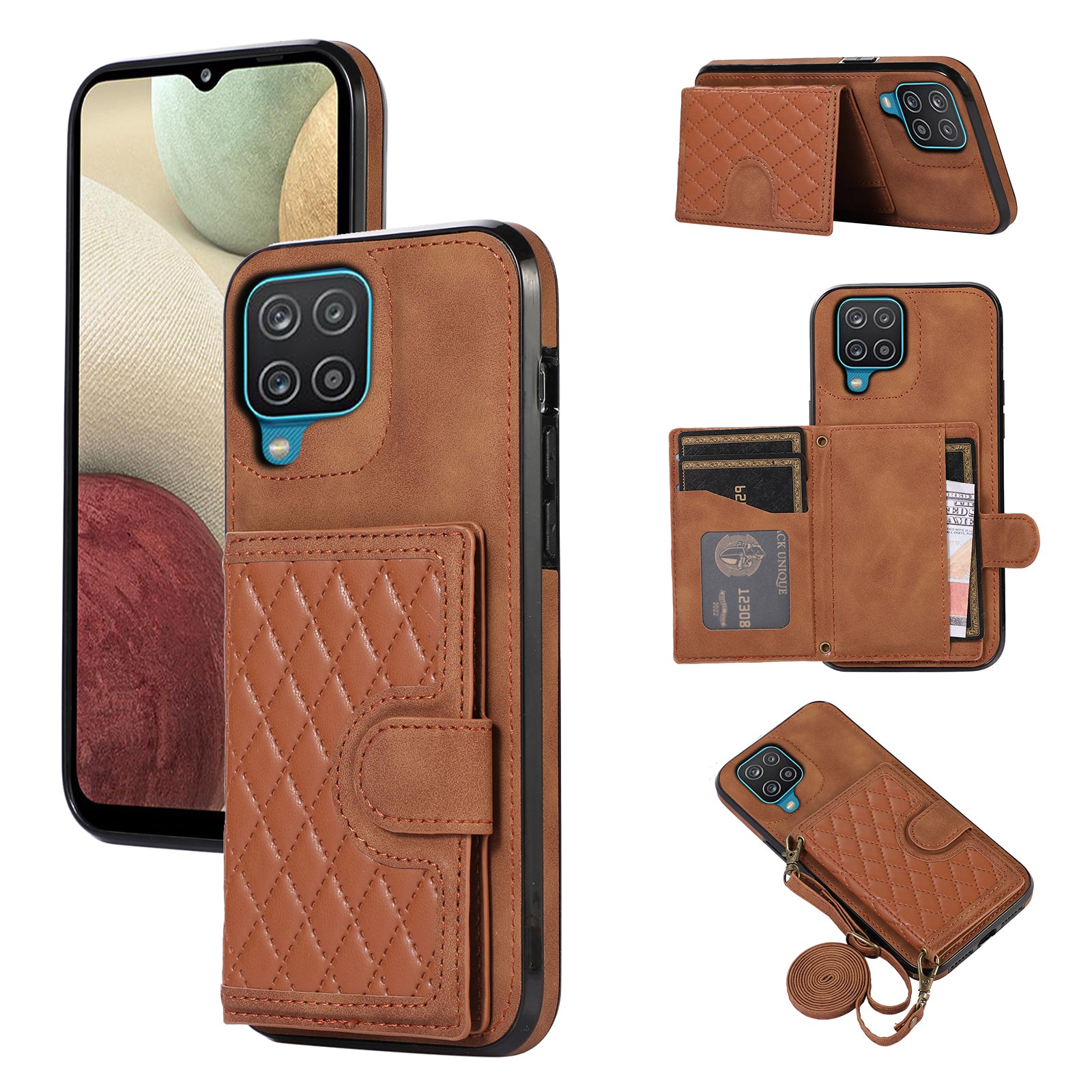 For Samsung Galaxy A12 Case Imprinted Phone Cover Card Holder TPU+PU Leather Shell - Black