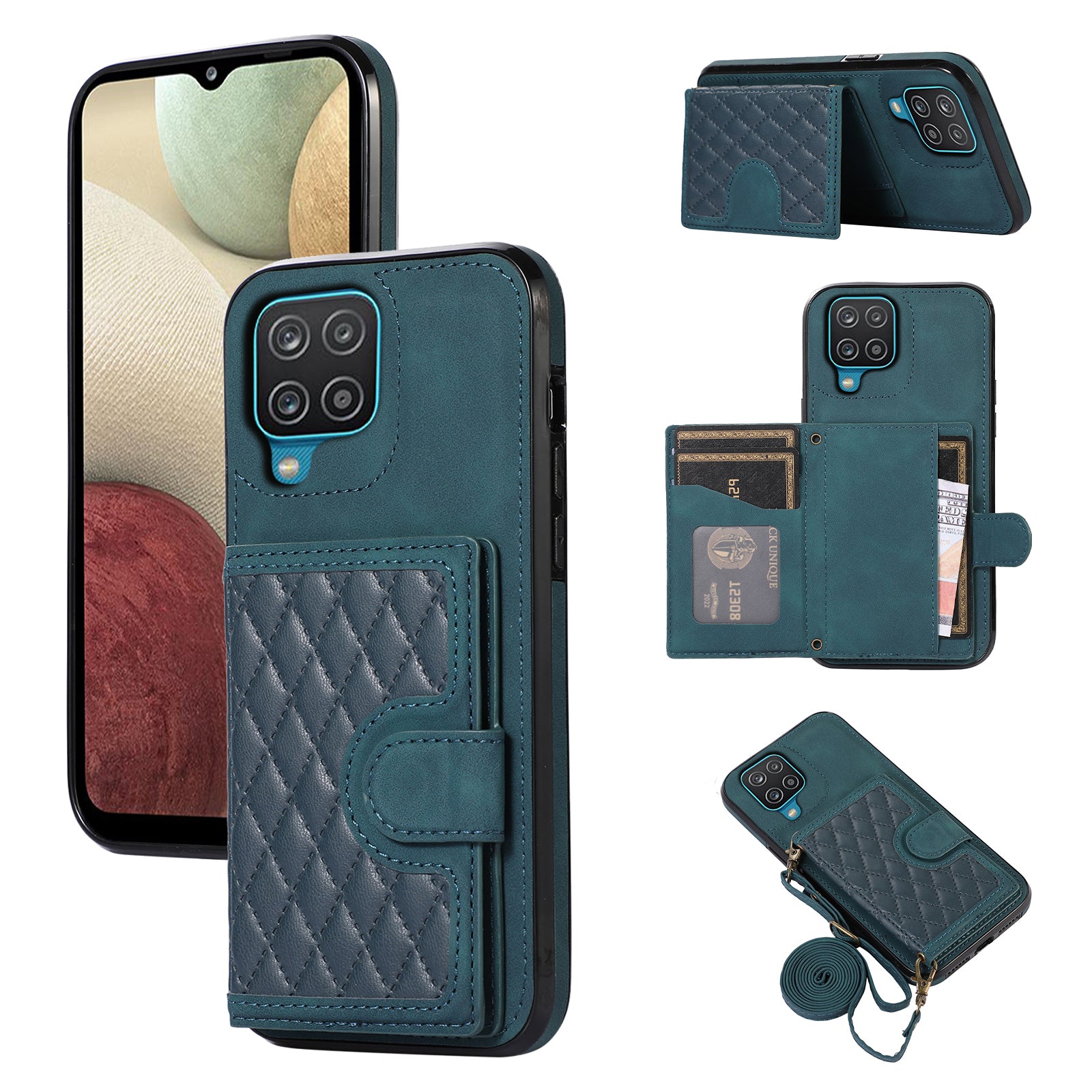 For Samsung Galaxy A12 Case Imprinted Phone Cover Card Holder TPU+PU Leather Shell - Black