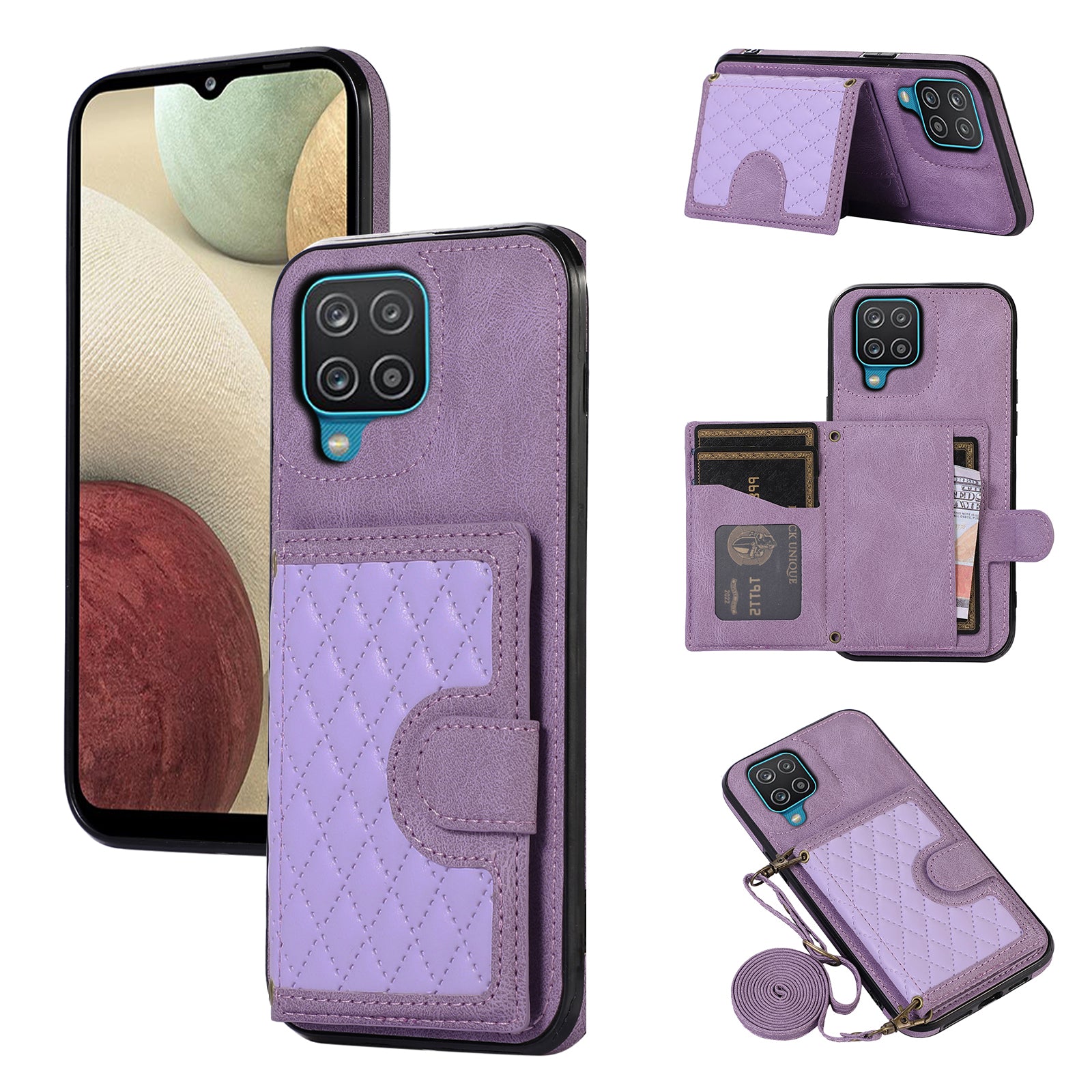 For Samsung Galaxy A12 Case Imprinted Phone Cover Card Holder TPU+PU Leather Shell - Black