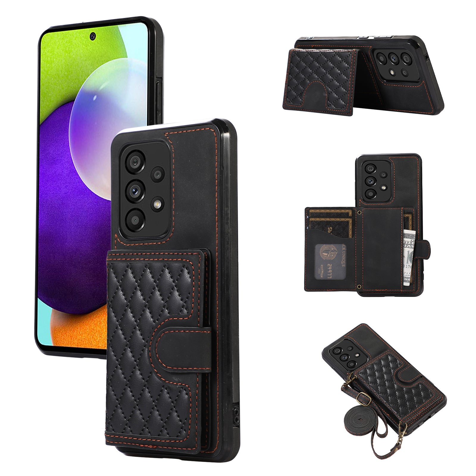 For Samsung Galaxy A72 5G / 4G Case TPU+PU Leather Kickstand Card Holder Phone Cover - Black