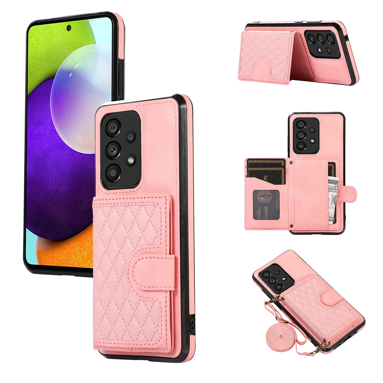 For Samsung Galaxy A72 5G / 4G Case TPU+PU Leather Kickstand Card Holder Phone Cover - Black