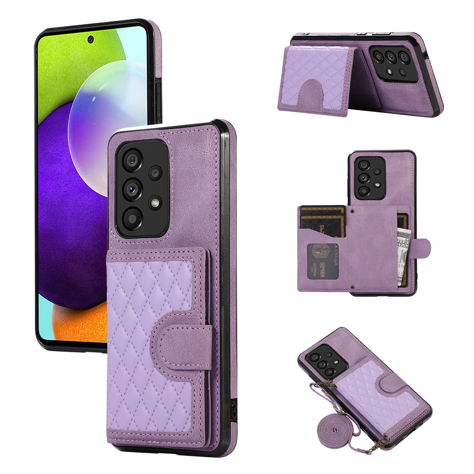 For Samsung Galaxy A72 5G / 4G Case TPU+PU Leather Kickstand Card Holder Phone Cover - Black