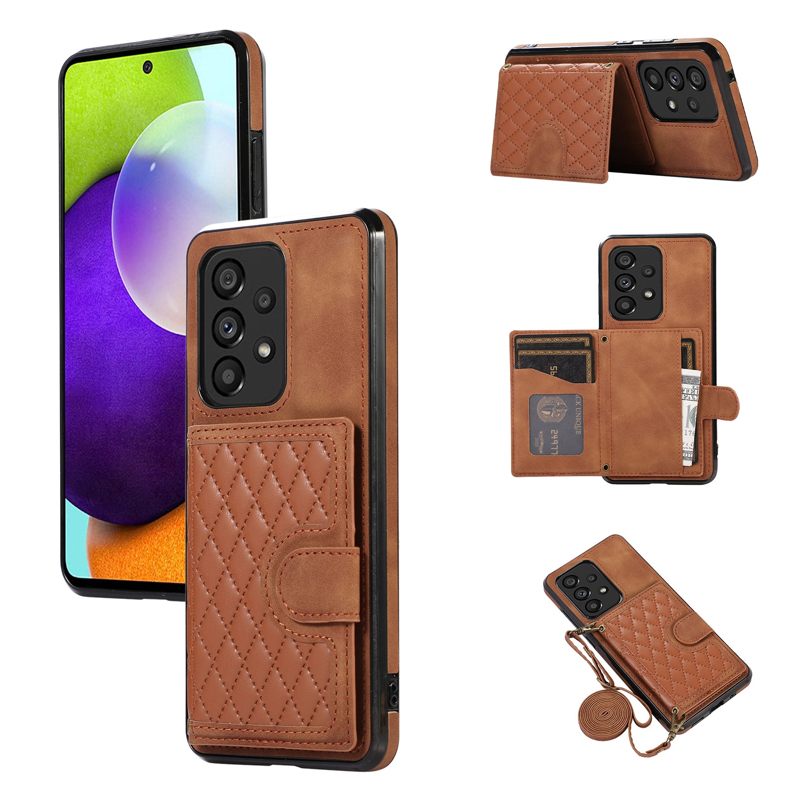 For Samsung Galaxy A72 5G / 4G Case TPU+PU Leather Kickstand Card Holder Phone Cover - Black