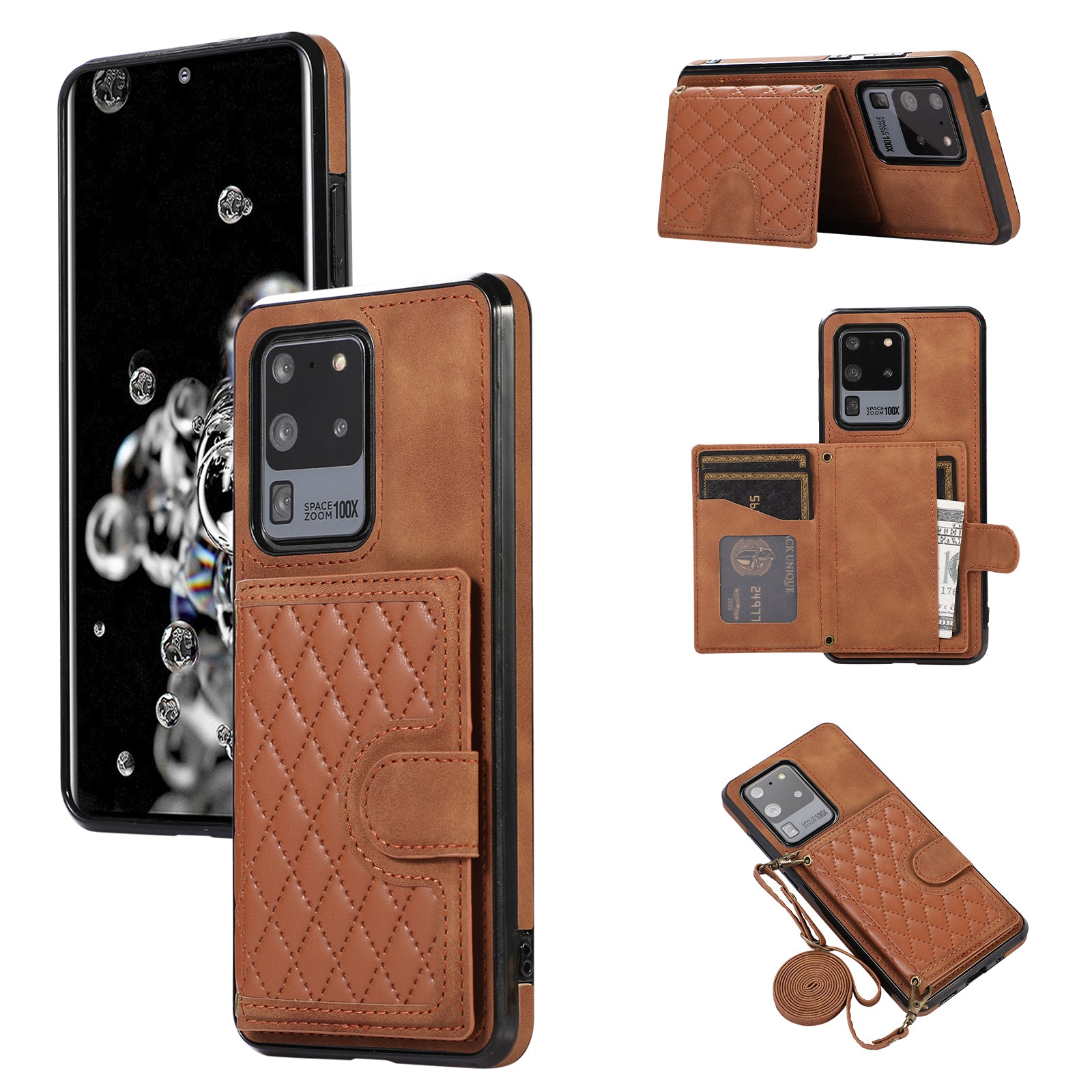 Phone Case for Samsung Galaxy S20 Ultra Card Holder TPU+PU Leather Kickstand Phone Cover - Black