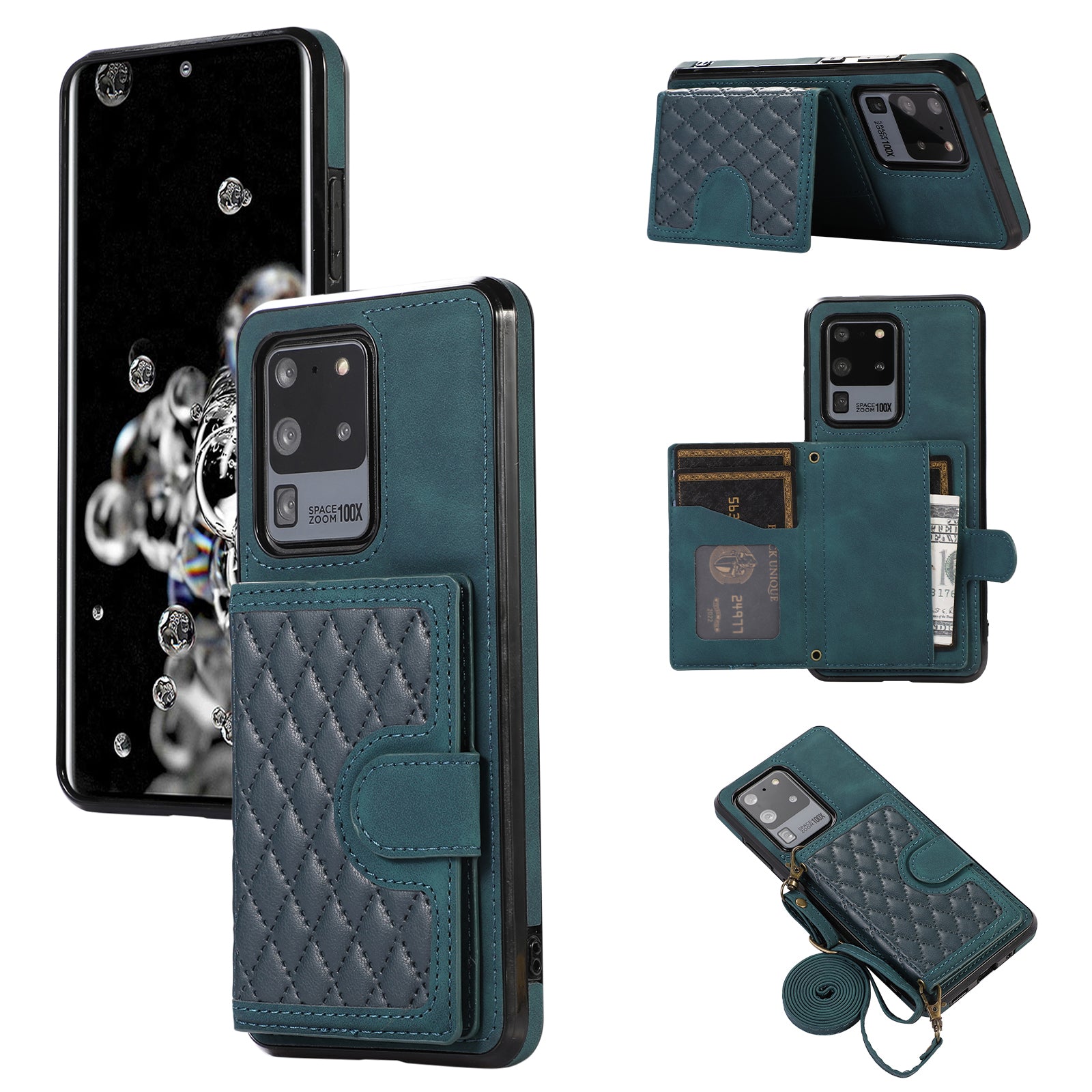 Phone Case for Samsung Galaxy S20 Ultra Card Holder TPU+PU Leather Kickstand Phone Cover - Black