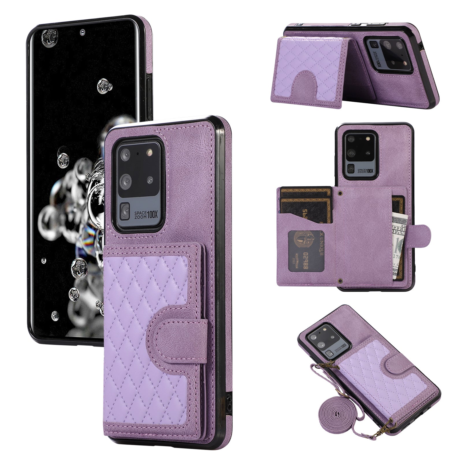 Phone Case for Samsung Galaxy S20 Ultra Card Holder TPU+PU Leather Kickstand Phone Cover - Black