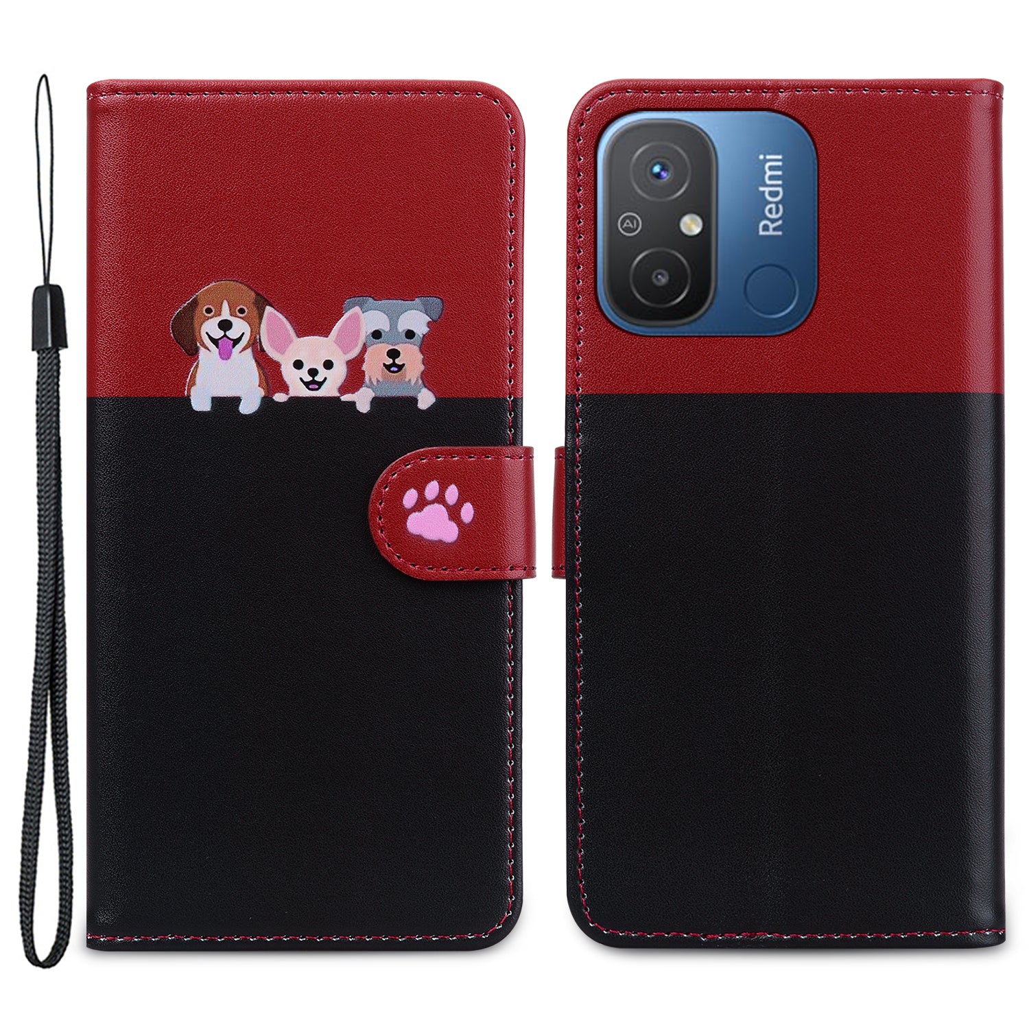 Cartoon Pet Series for Xiaomi Redmi 12C 4G Leather Case Splicing Phone Wallet Cover - Black