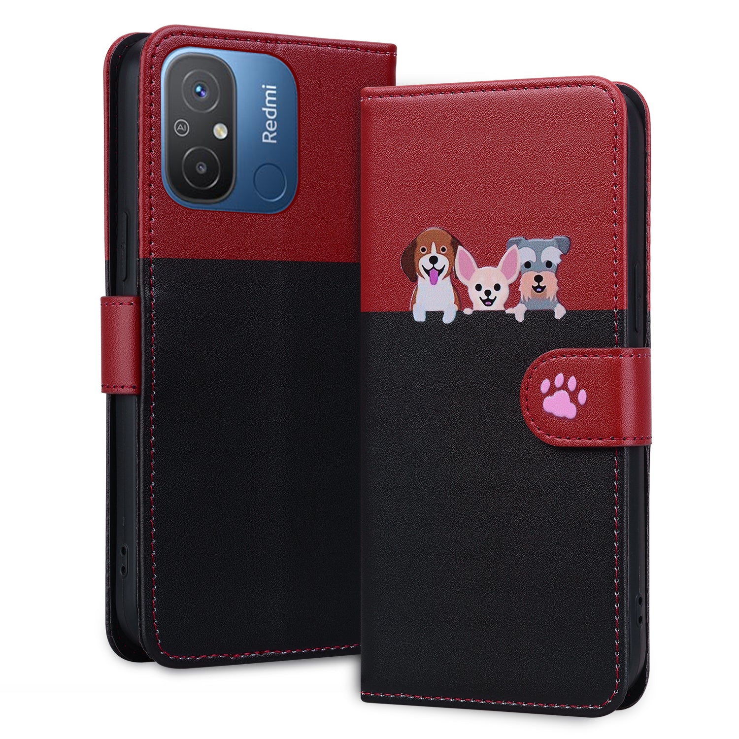 Cartoon Pet Series for Xiaomi Redmi 12C 4G Leather Case Splicing Phone Wallet Cover - Black
