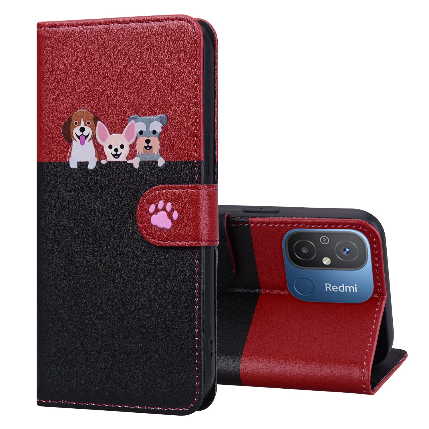 Cartoon Pet Series for Xiaomi Redmi 12C 4G Leather Case Splicing Phone Wallet Cover - Black