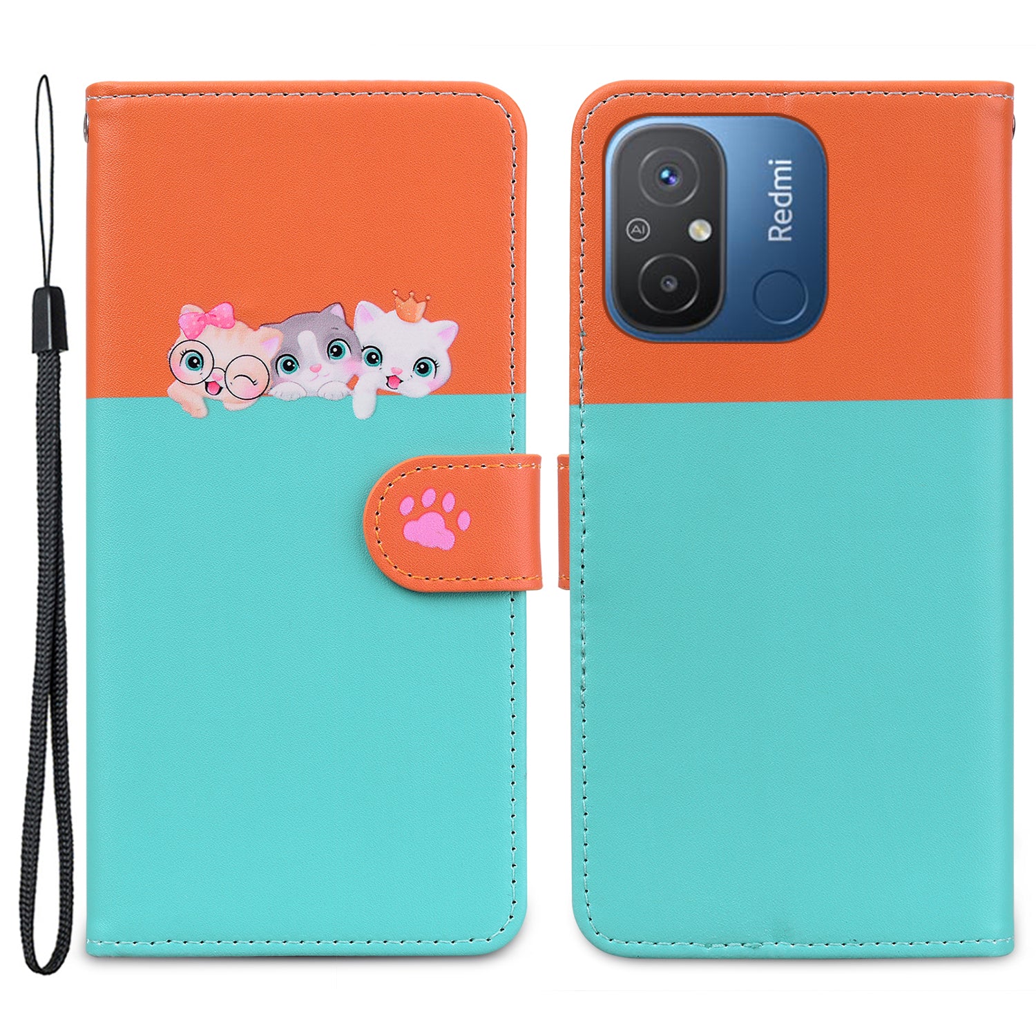Cartoon Pet Series for Xiaomi Redmi 12C 4G Leather Case Splicing Phone Wallet Cover - Black