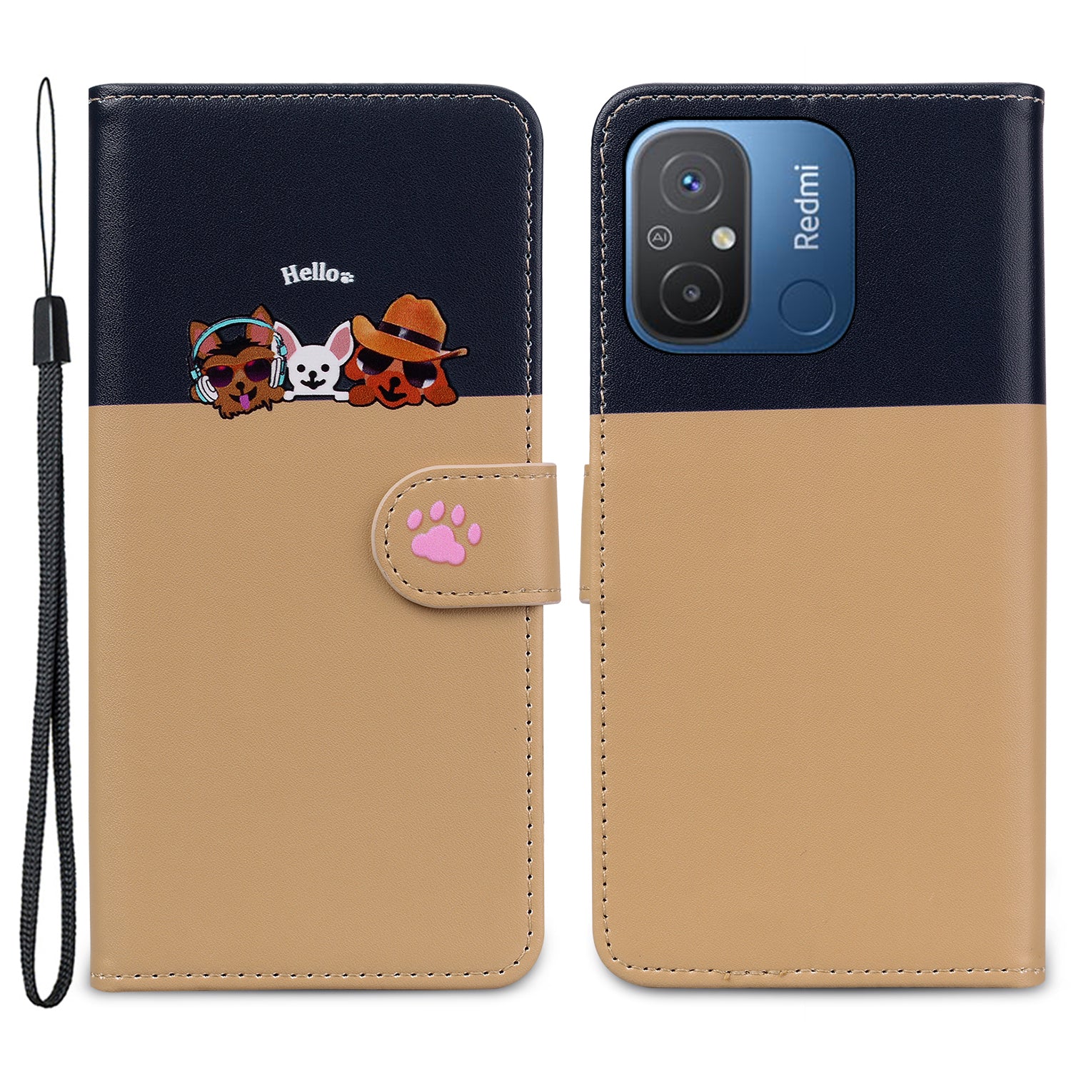 Cartoon Pet Series for Xiaomi Redmi 12C 4G Leather Case Splicing Phone Wallet Cover - Black