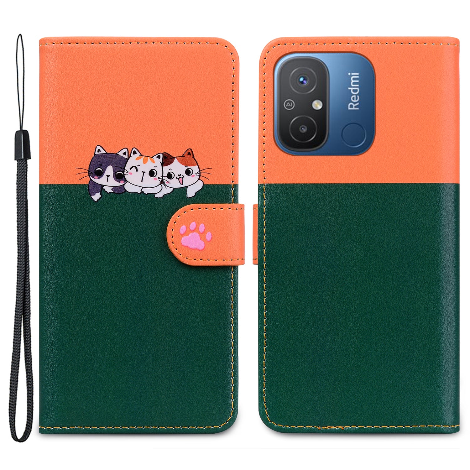 Cartoon Pet Series for Xiaomi Redmi 12C 4G Leather Case Splicing Phone Wallet Cover - Black