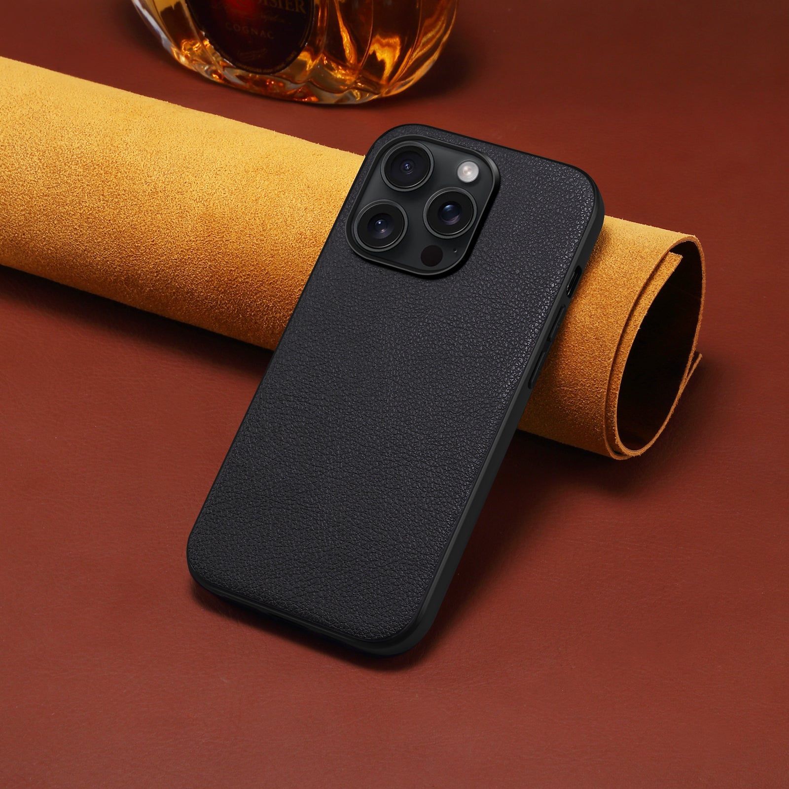 For iPhone 15 Pro Case PC+TPU+PU Leather Calf Texture Anti-drop Phone Cover - Black