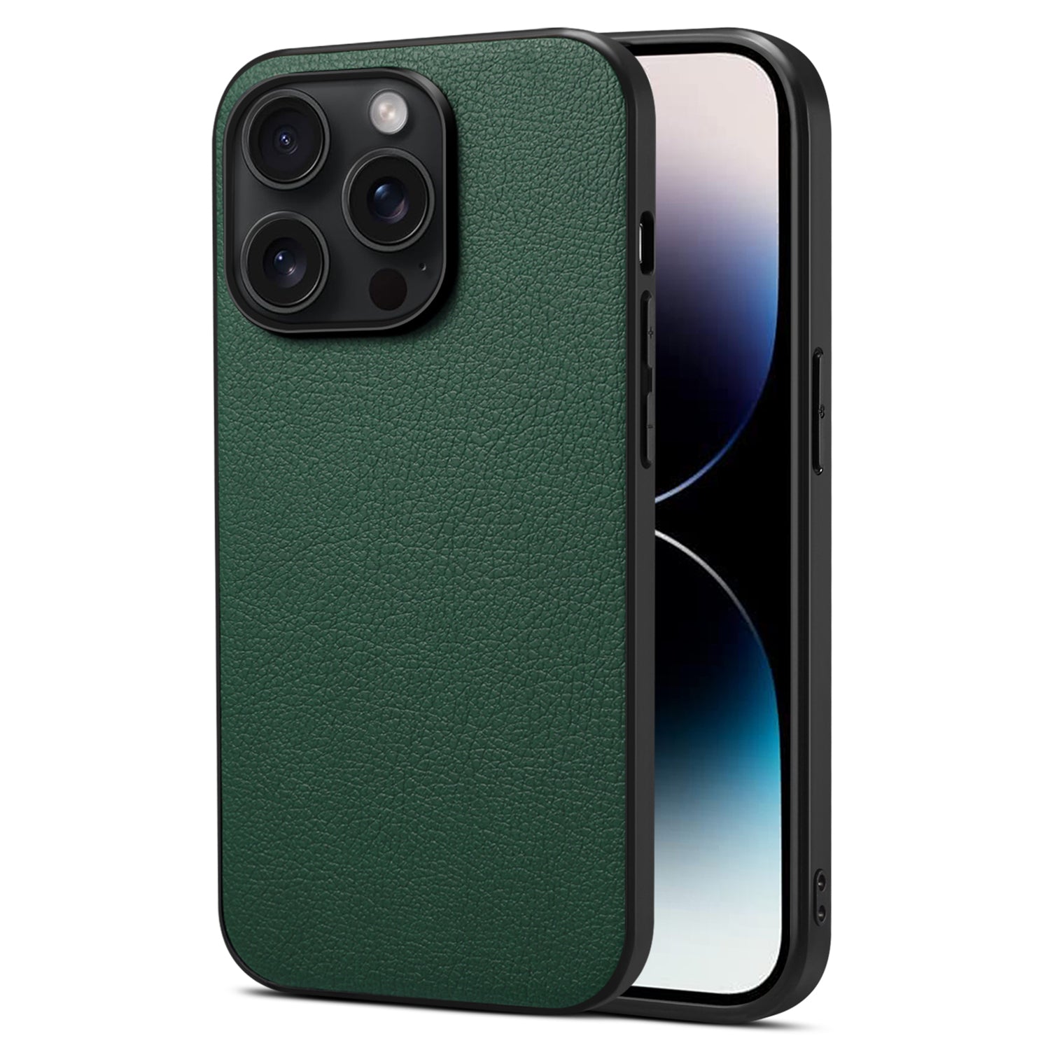For iPhone 15 Pro Max Calf Texture Case Shockproof PC+TPU+PU Leather Phone Back Cover - Green