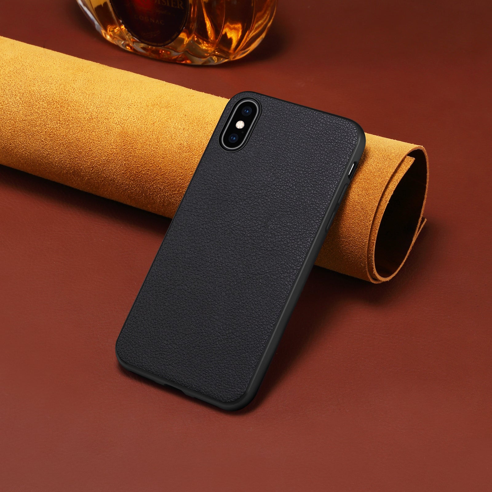 For iPhone XS 5.8 inch / X Back Case PC+TPU+PU Leather Calf Texture Smartphone Cover - Black