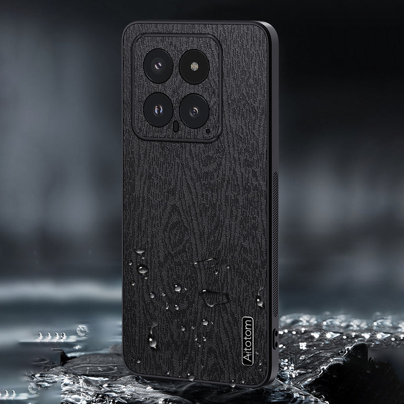 For Xiaomi 14 Cell Phone Case Scratch Resistant Wood Grain Back Cover - Black