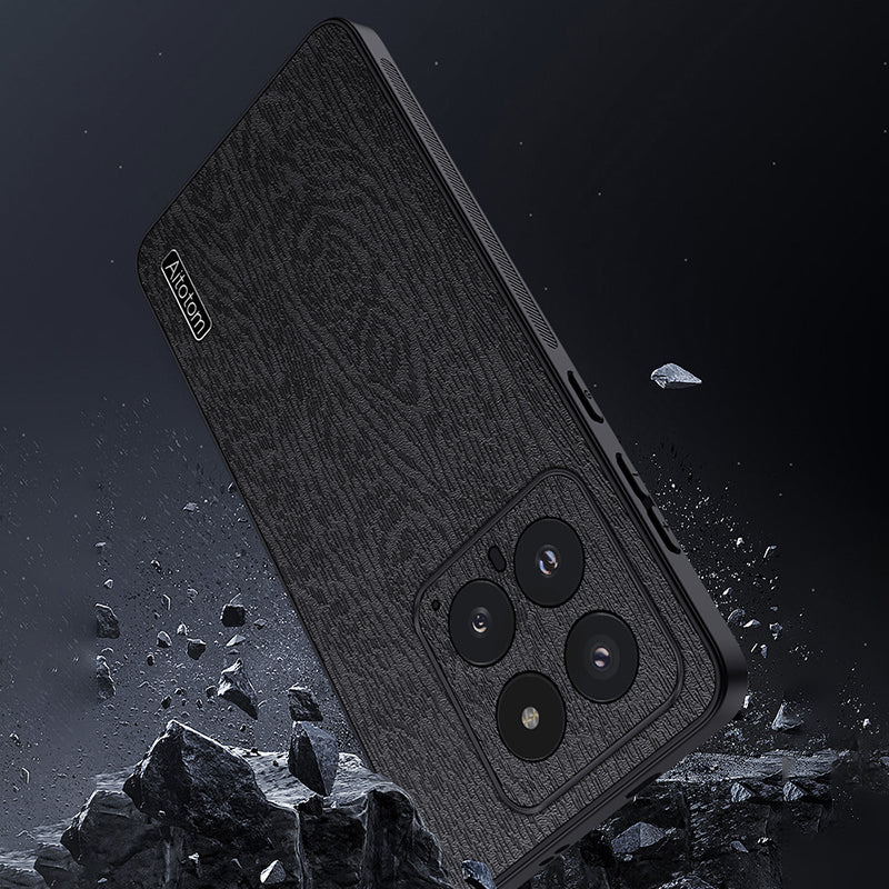 For Xiaomi 14 Cell Phone Case Scratch Resistant Wood Grain Back Cover - Black