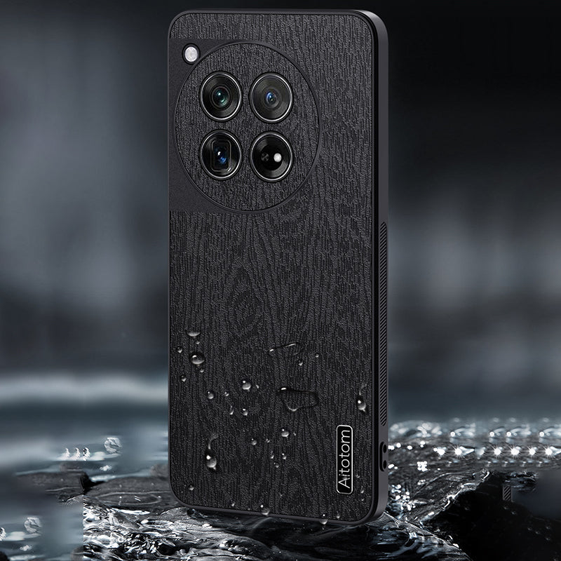For OnePlus 12 5G Cell Phone Case Bump Proof Wood Grain Back Cover - Black