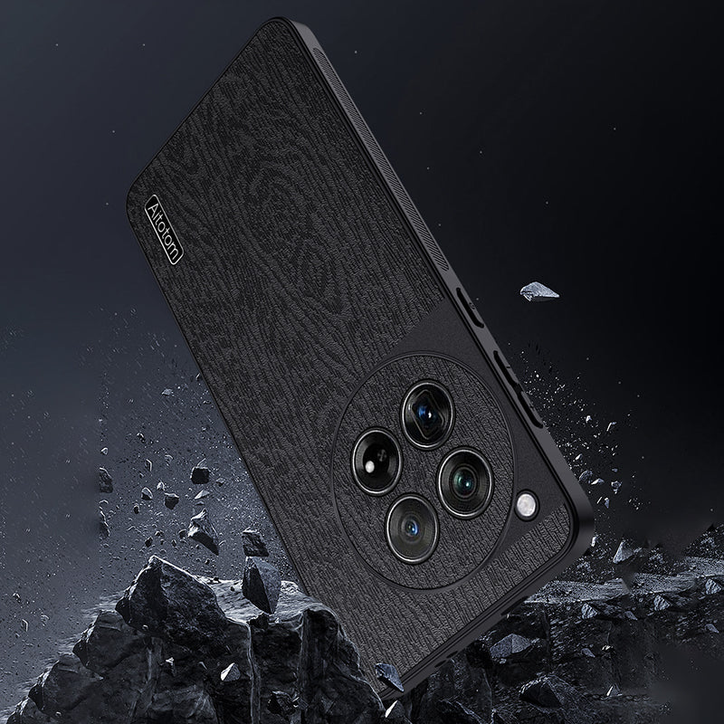 For OnePlus 12 5G Cell Phone Case Bump Proof Wood Grain Back Cover - Black