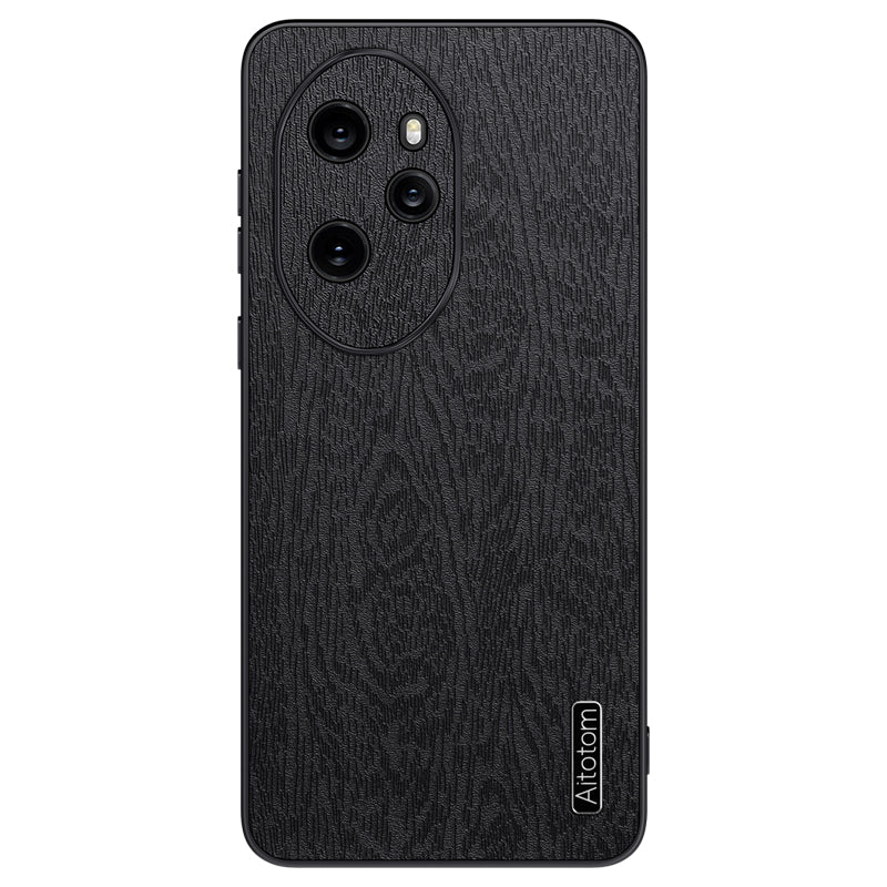 For Honor 100 Pro 5G Cell Phone Case Wood Grain PU Leather Coated PC+TPU Cover - Black
