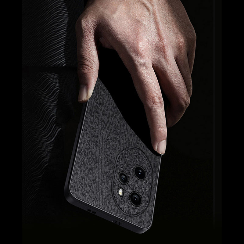For Honor 100 Pro 5G Cell Phone Case Wood Grain PU Leather Coated PC+TPU Cover - Black