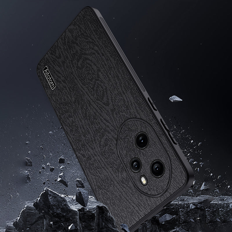 For Honor 100 Pro 5G Cell Phone Case Wood Grain PU Leather Coated PC+TPU Cover - Black