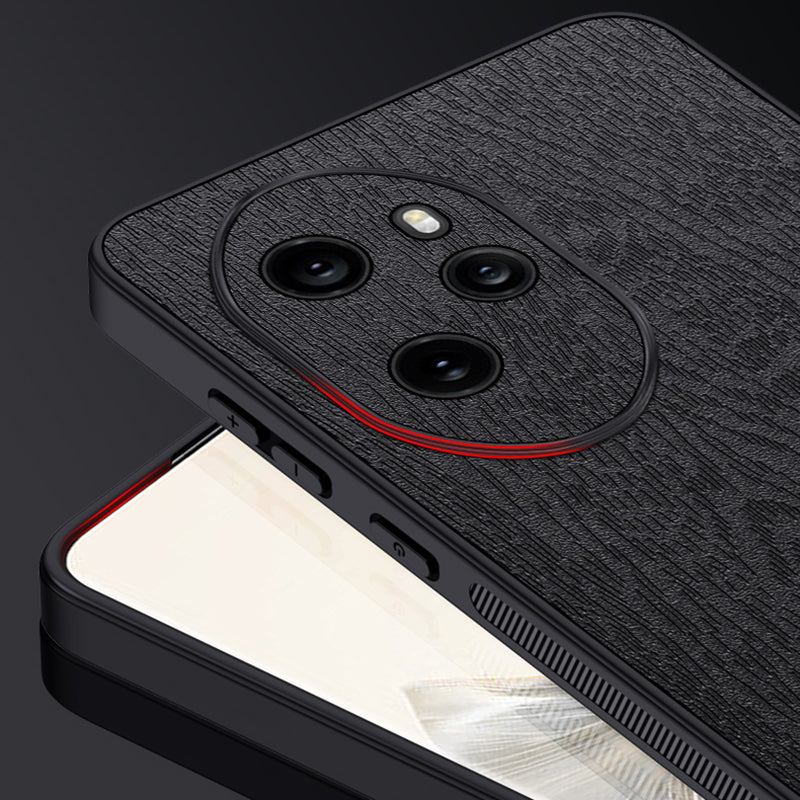 For Honor 100 Pro 5G Cell Phone Case Wood Grain PU Leather Coated PC+TPU Cover - Black