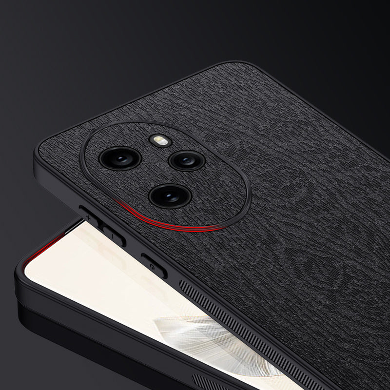 For Honor 100 Pro 5G Cell Phone Case Wood Grain PU Leather Coated PC+TPU Cover - Black