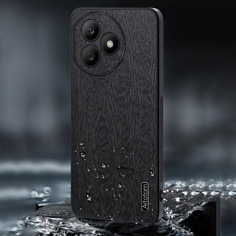For Honor X50i+ 5G Case Wood Grain Anti-collision PU+PC+TPU Phone Cover - Black