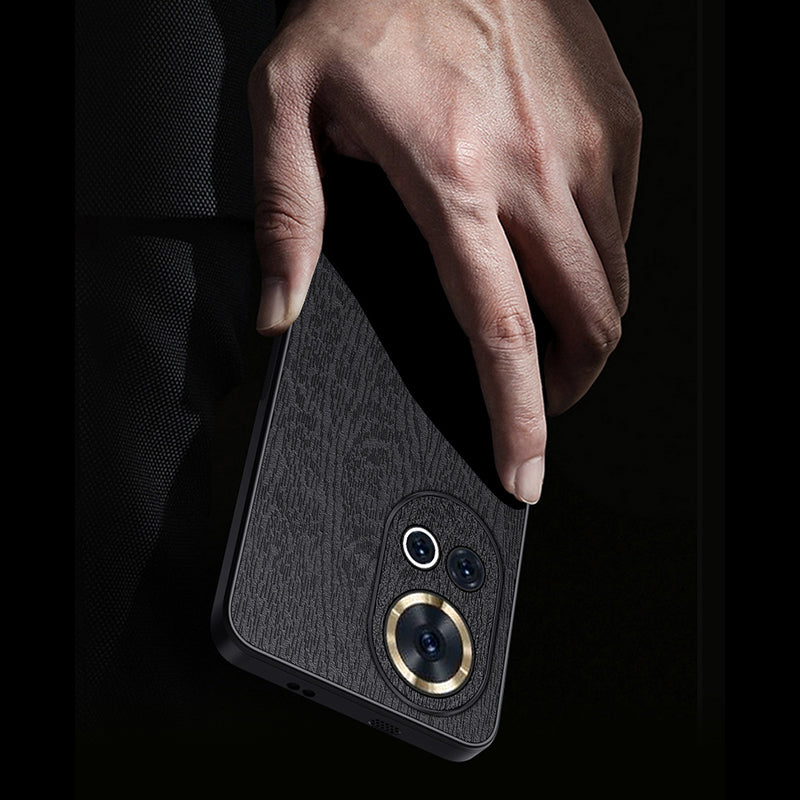 For Huawei nova 12 Pro 5G / nova 12 Ultra 5G Anti-fall Case Wood Grain PC+TPU+PU Cell Phone Cover - Black