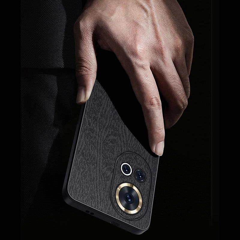 For Huawei nova 12 5G Wood Grain Cellphone Guard Case PC+TPU+PU Back Cover - Black