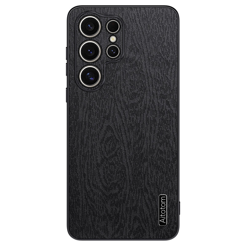 For Samsung Galaxy S24 Ultra Cell Phone Case Wood Grain Anti-drop Back Cover - Black