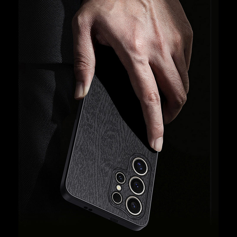 For Samsung Galaxy S24 Ultra Cell Phone Case Wood Grain Anti-drop Back Cover - Black