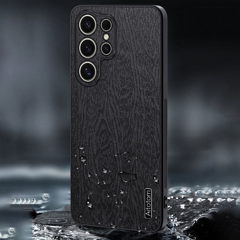 For Samsung Galaxy S24 Ultra Cell Phone Case Wood Grain Anti-drop Back Cover - Black