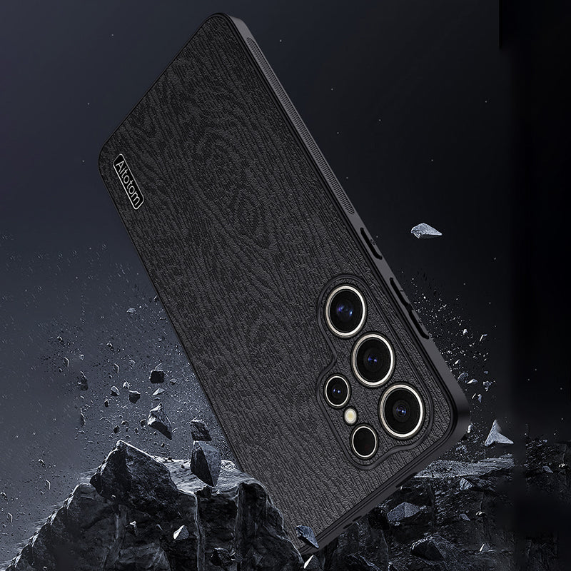 For Samsung Galaxy S24 Ultra Cell Phone Case Wood Grain Anti-drop Back Cover - Black