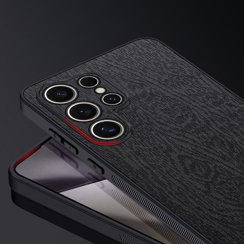 For Samsung Galaxy S24 Ultra Cell Phone Case Wood Grain Anti-drop Back Cover - Black