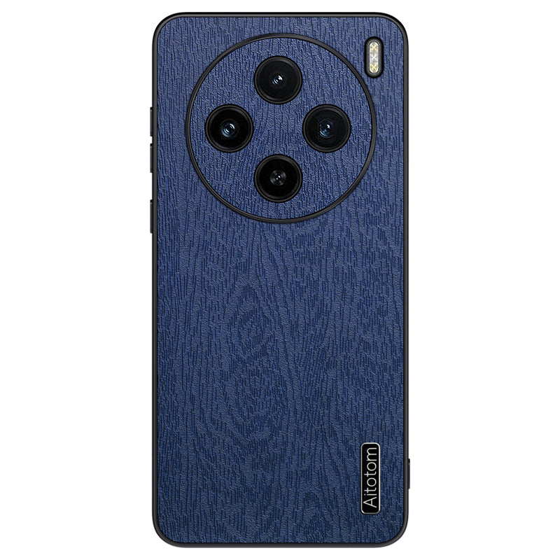 For vivo X100 5G Case Wood Grain PU Leather Coated PC+TPU Mobile Phone Cover - Black