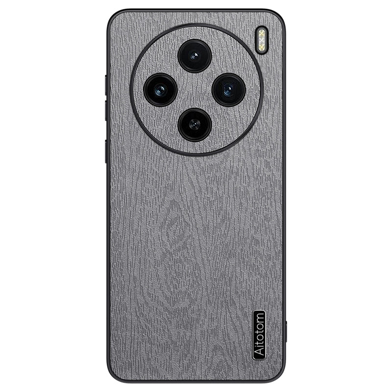 For vivo X100 5G Case Wood Grain PU Leather Coated PC+TPU Mobile Phone Cover - Black