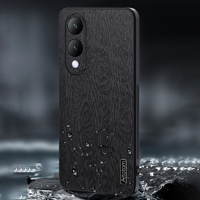 For vivo Y17s 4G Cell Phone Case Fall-proof Wood Grain PU+PC+TPU Back Cover - Black