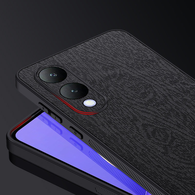 For vivo Y17s 4G Cell Phone Case Fall-proof Wood Grain PU+PC+TPU Back Cover - Black