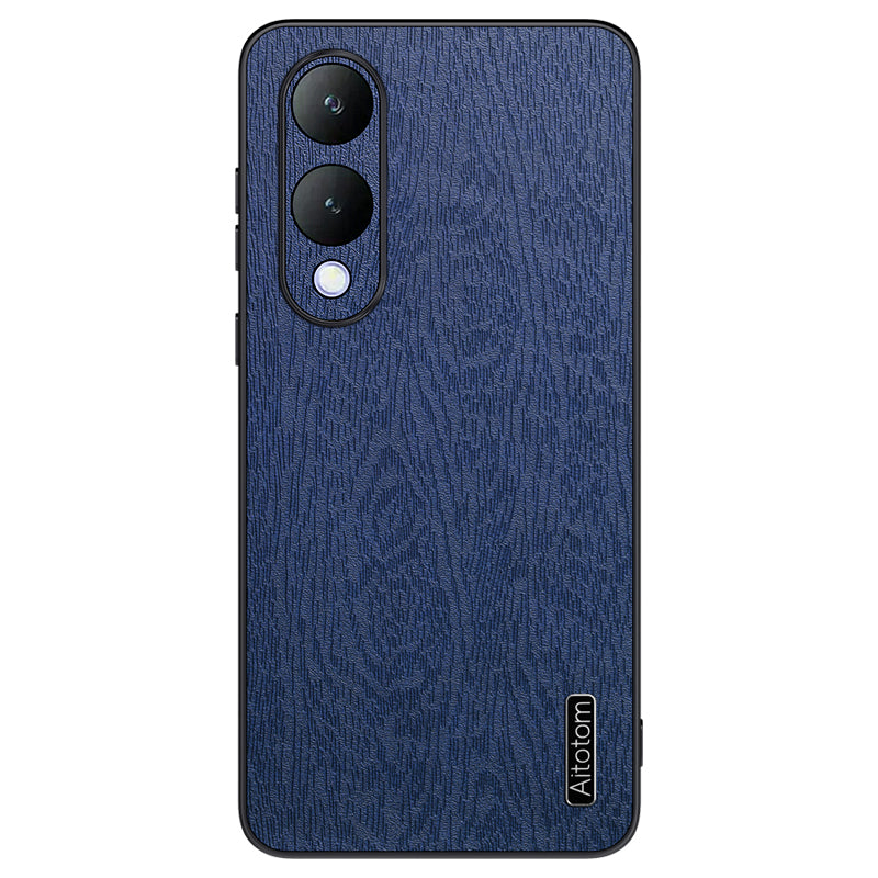 For vivo Y17s 4G Cell Phone Case Fall-proof Wood Grain PU+PC+TPU Back Cover - Black