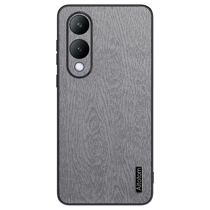 For vivo Y17s 4G Cell Phone Case Fall-proof Wood Grain PU+PC+TPU Back Cover - Black