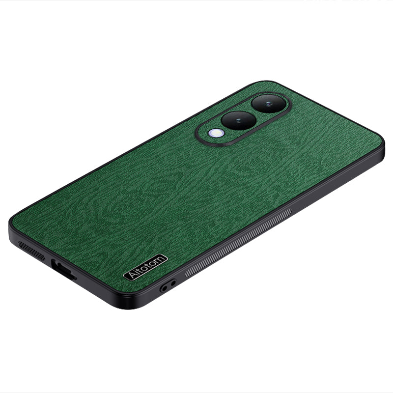 For vivo Y17s 4G Cell Phone Case Fall-proof Wood Grain PU+PC+TPU Back Cover - Black