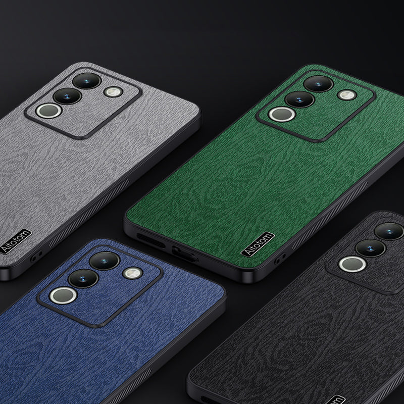 For vivo Y200 (India) 5G Cell Phone Case Wood Grain PU+PC+TPU Drop Resistant Cover - Black